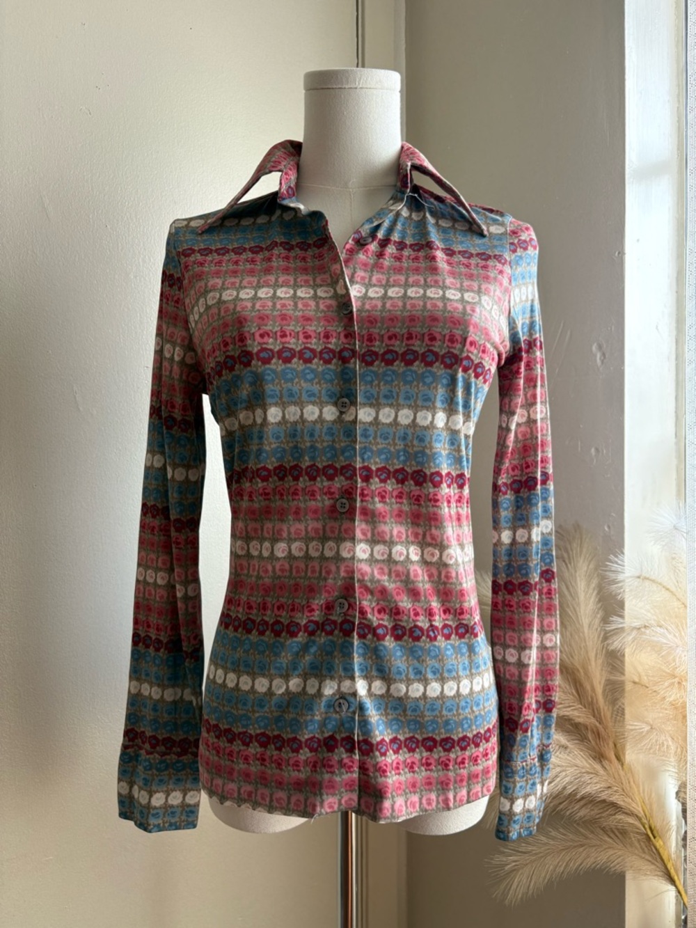 vintage 70s college town floral rose print button front long sleeve